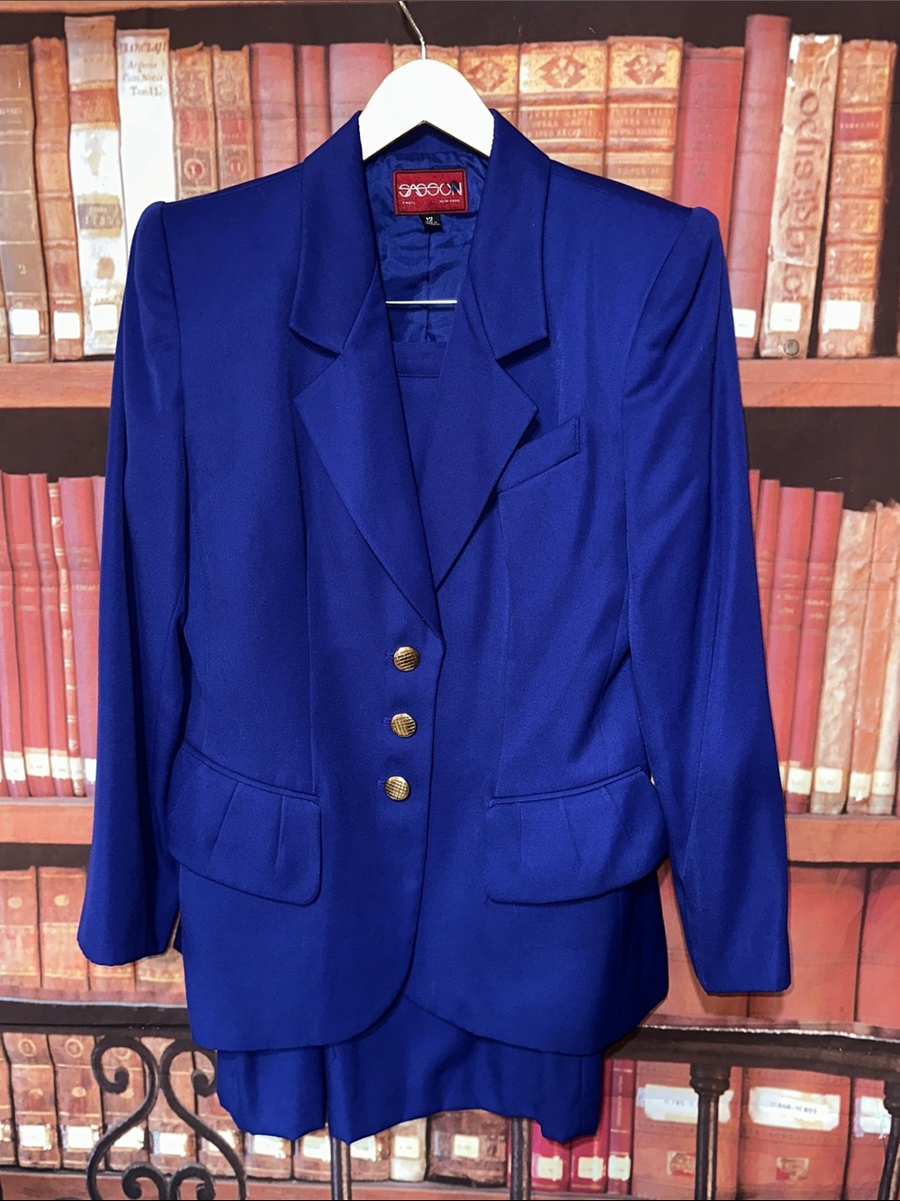 Vintage 80s Sasson Royal Blue Gold Button Skirt Suit Size 12